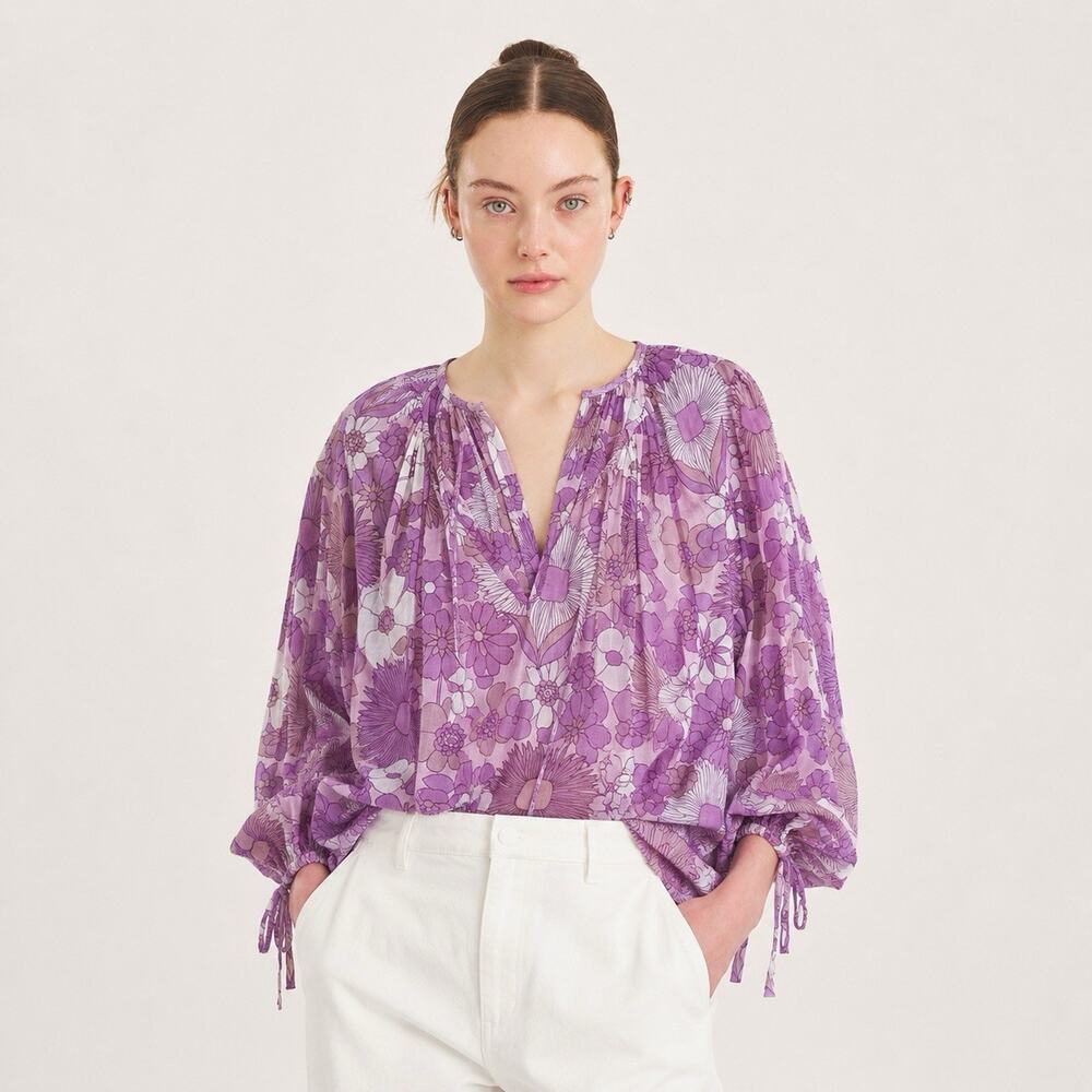 Antik Batik Blouson Tie Sleeve Purple Floral Relaxed Cotton Top Blouse S